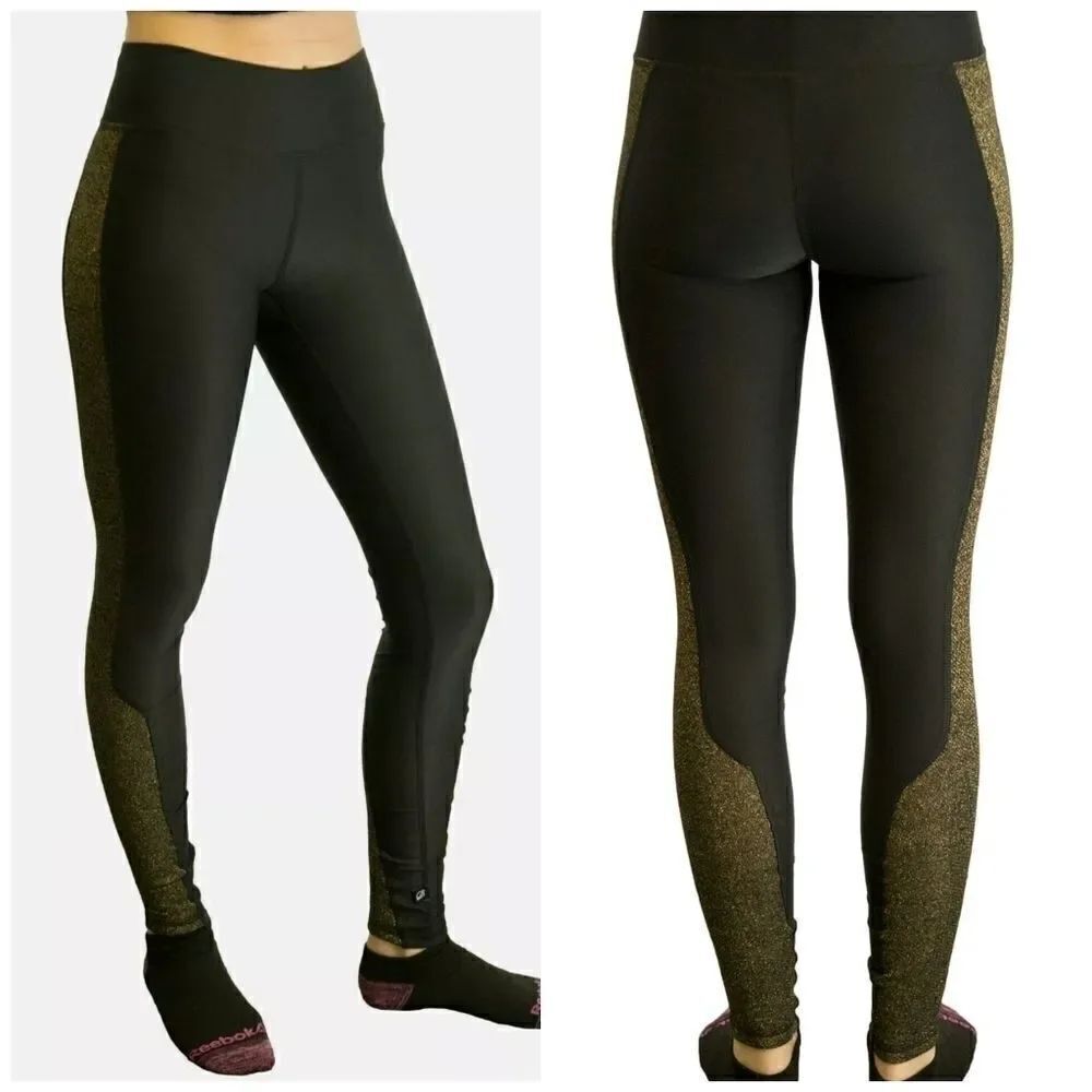 Terez Gold Striped Stepped Hem Black Leggings